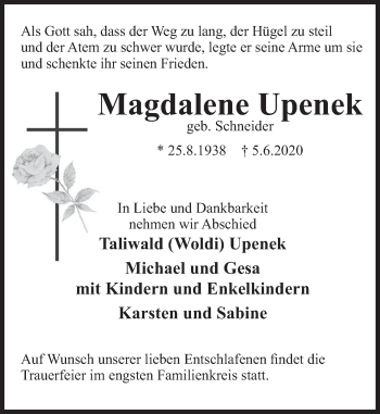 Traueranzeige von Magdalene Upenek von Deister- und Weserzeitung