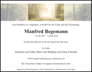 Traueranzeige von Manfred Begemann von Deister- und Weserzeitung