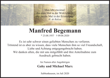 Traueranzeige von Manfred Begemann von Deister- und Weserzeitung