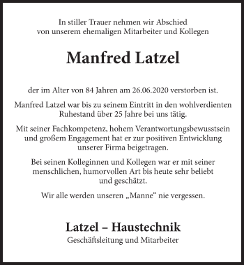 Traueranzeige von Manfred Latzel von Deister- und Weserzeitung