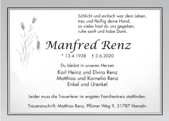 Traueranzeige von Manfred Renz von Deister- und Weserzeitung