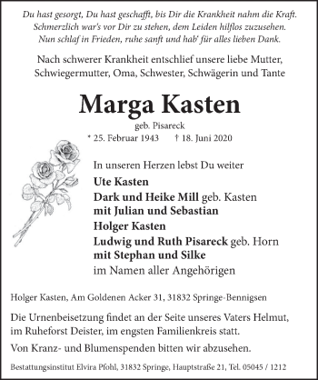 Traueranzeige von Marga Kasten von Neue Deister-Zeitung