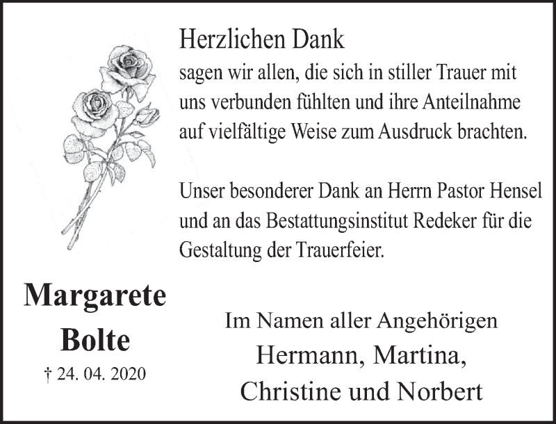  Traueranzeige für Margarete Bolte vom 20.06.2020 aus Deister- und Weserzeitung