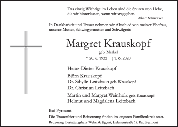 Traueranzeige von Margret Krauskopf von Deister- und Weserzeitung