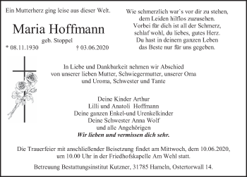 Traueranzeige von Maria Hoffmann von Deister- und Weserzeitung