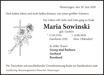 Traueranzeige von Maria Sowinski von Deister- und Weserzeitung