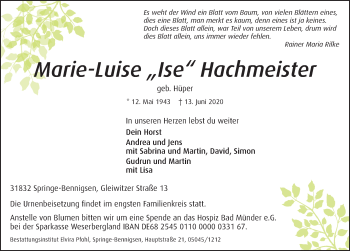 Traueranzeige von Marie-Luise  Hachmeister von Neue Deister-Zeitung