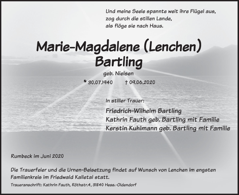  Traueranzeige für Marie-Magdalene Bartling vom 27.06.2020 aus Deister- und Weserzeitung
