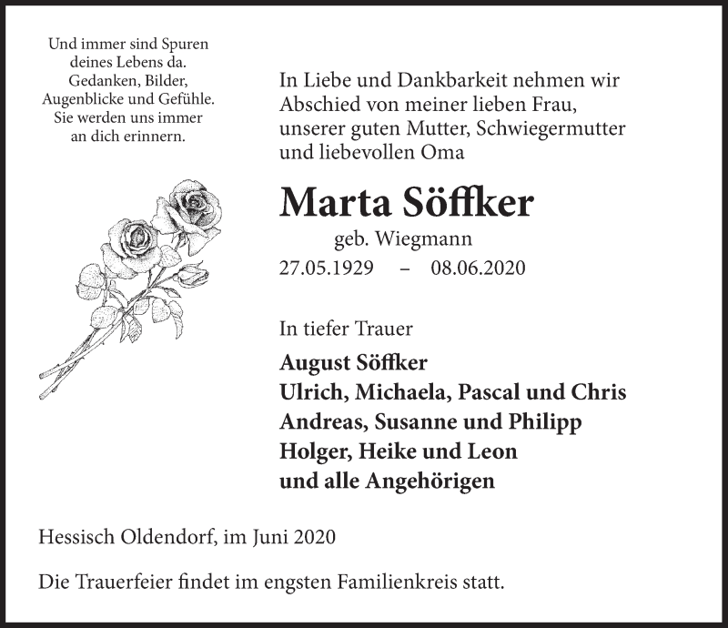  Traueranzeige für Marta Söffker vom 11.06.2020 aus Deister- und Weserzeitung