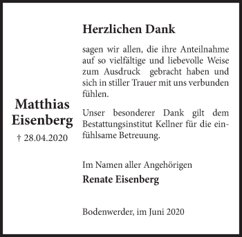 Traueranzeige von Matthias Eisenberg von Deister- und Weserzeitung