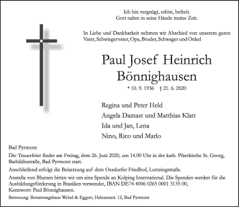 Traueranzeige von Paul Josef Heinrich Bönnighausen von Deister- und Weserzeitung