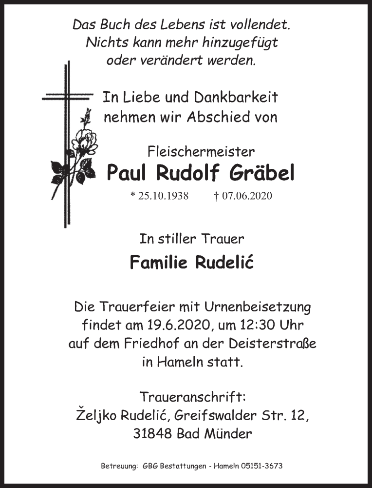  Traueranzeige für Paul Rudolf Gräbel vom 16.06.2020 aus Deister- und Weserzeitung