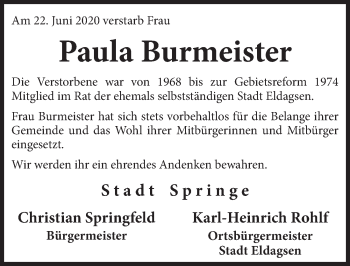 Traueranzeige von Paula Burmeister von Neue Deister-Zeitung