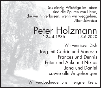 Traueranzeige von Peter Holzmann von Deister- und Weserzeitung