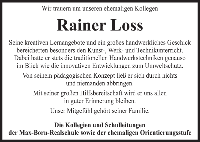  Traueranzeige für Rainer Loss vom 10.06.2020 aus Deister- und Weserzeitung