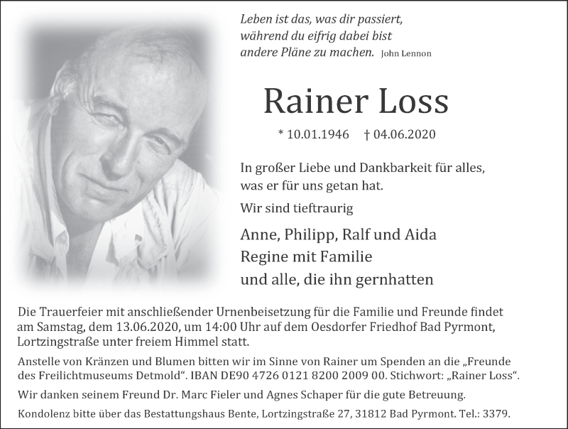  Traueranzeige für Rainer Loss vom 08.06.2020 aus Deister- und Weserzeitung