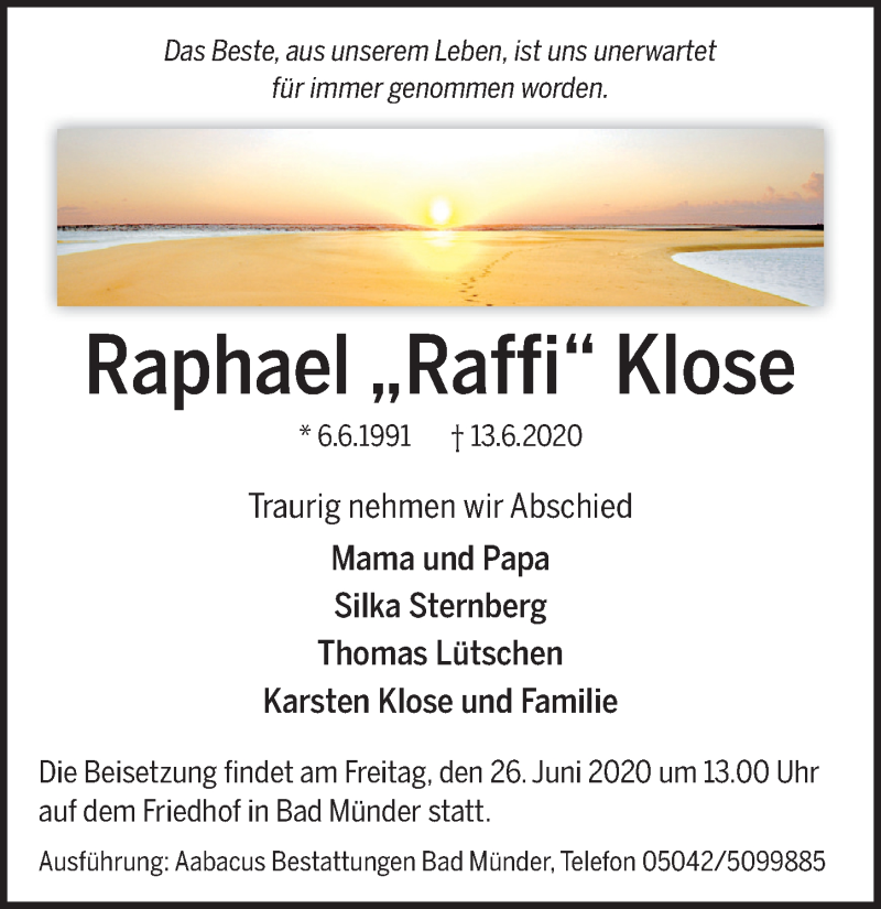  Traueranzeige für Raphael Klose vom 20.06.2020 aus Neue Deister-Zeitung