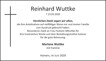 Traueranzeige von Reinhard Wuttke von Deister- und Weserzeitung
