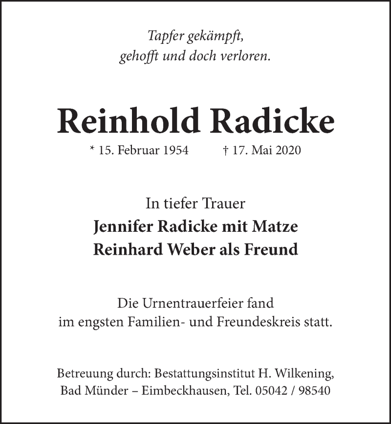  Traueranzeige für Reinhold Radicke vom 13.06.2020 aus Neue Deister-Zeitung