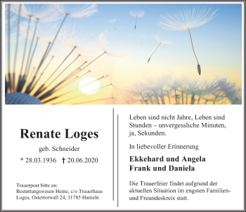 Traueranzeige von Renate Loges von Deister- und Weserzeitung