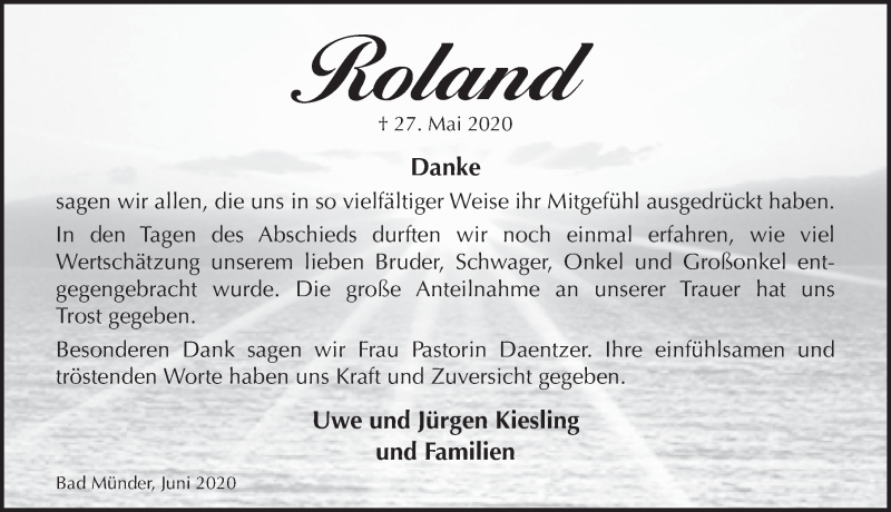  Traueranzeige für Roland  vom 27.06.2020 aus Neue Deister-Zeitung