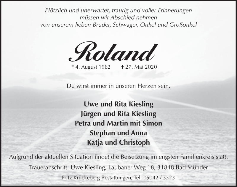  Traueranzeige für Roland  vom 06.06.2020 aus Neue Deister-Zeitung