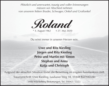 Traueranzeige von Roland  von Neue Deister-Zeitung