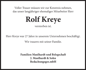 Traueranzeige von Rolf Kreye von Deister- und Weserzeitung
