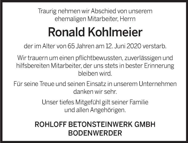  Traueranzeige für Ronald Kohlmeier vom 20.06.2020 aus Deister- und Weserzeitung