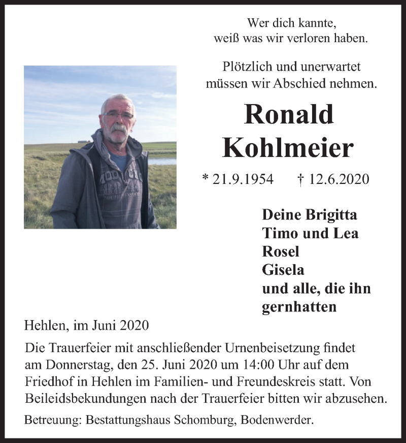  Traueranzeige für Ronald Kohlmeier vom 20.06.2020 aus Deister- und Weserzeitung