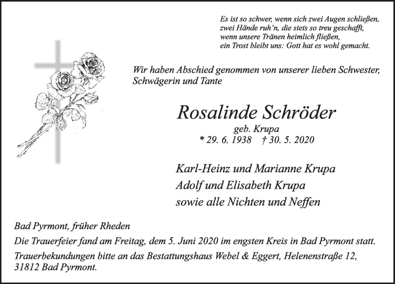  Traueranzeige für Rosalinde Schröder vom 06.06.2020 aus Deister- und Weserzeitung