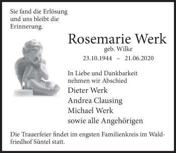 Traueranzeige von Rosemarie Werk von Deister- und Weserzeitung