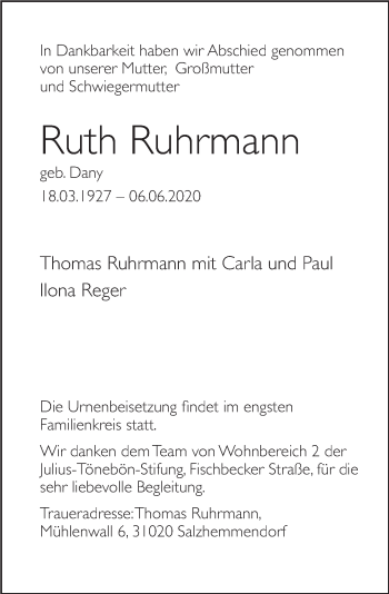 Traueranzeige von Ruth Ruhrmann von Deister- und Weserzeitung