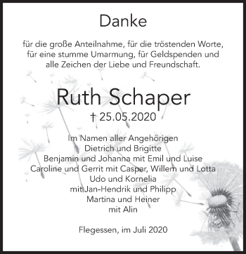 Traueranzeige von Ruth Schaper von Deister- und Weserzeitung