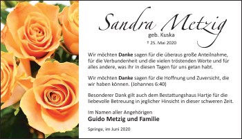 Traueranzeige von Sandra Metzig von Neue Deister-Zeitung