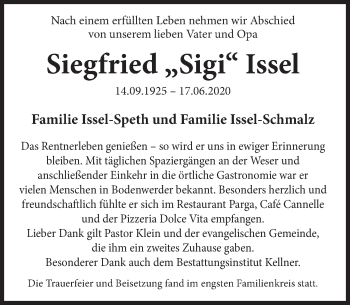 Traueranzeige von Siegfried  Issel von Deister- und Weserzeitung