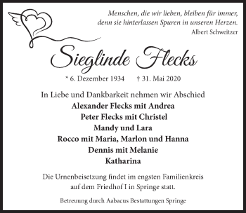 Traueranzeige von Sieglinde Flecks von Neue Deister-Zeitung