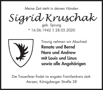 Traueranzeige von Sigrid Kruschak von Deister- und Weserzeitung