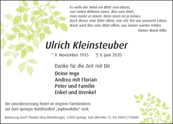 Traueranzeige von Ulrich Kleinsteuber von Neue Deister-Zeitung