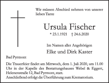 Traueranzeige von Ursula Fischer von Deister- und Weserzeitung