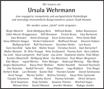 Traueranzeige von Ursula Wehrmann von Deister- und Weserzeitung