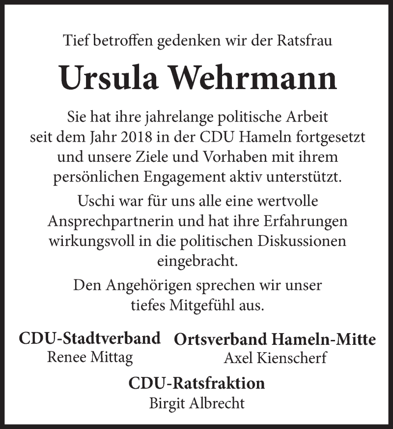  Traueranzeige für Ursula Wehrmann vom 25.06.2020 aus Deister- und Weserzeitung