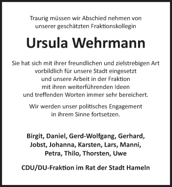 Traueranzeige von Ursula Wehrmann von Deister- und Weserzeitung