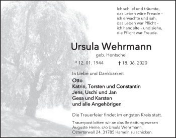 Traueranzeige von Ursula Wehrmann von Deister- und Weserzeitung