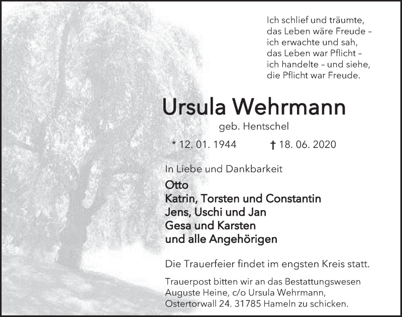  Traueranzeige für Ursula Wehrmann vom 25.06.2020 aus Deister- und Weserzeitung
