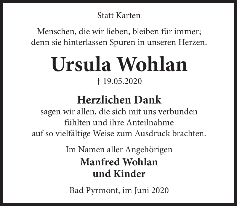  Traueranzeige für Ursula Wohlan vom 13.06.2020 aus Deister- und Weserzeitung