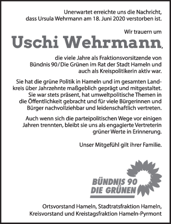 Traueranzeige von Uschi Wehrmann von Deister- und Weserzeitung