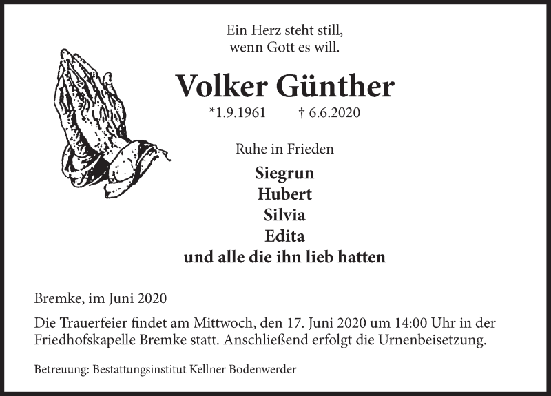  Traueranzeige für Volker Günther vom 13.06.2020 aus Deister- und Weserzeitung