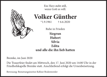 Traueranzeige von Volker Günther von Deister- und Weserzeitung
