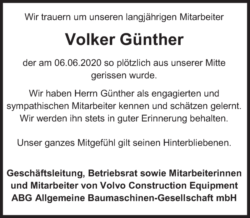  Traueranzeige für Volker Günther vom 20.06.2020 aus Deister- und Weserzeitung